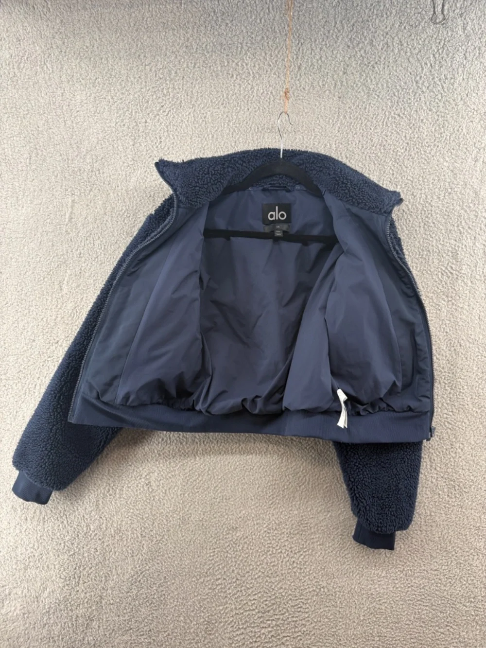 Alo Yoga Sherpa Edge Bomber Jacket Navy Cropped Teddy Fleece XS